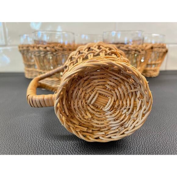 Vintage Woven Rattan Wicker Drinkware Holders Glass Cups (Set of 6) - Picture 5 of 10